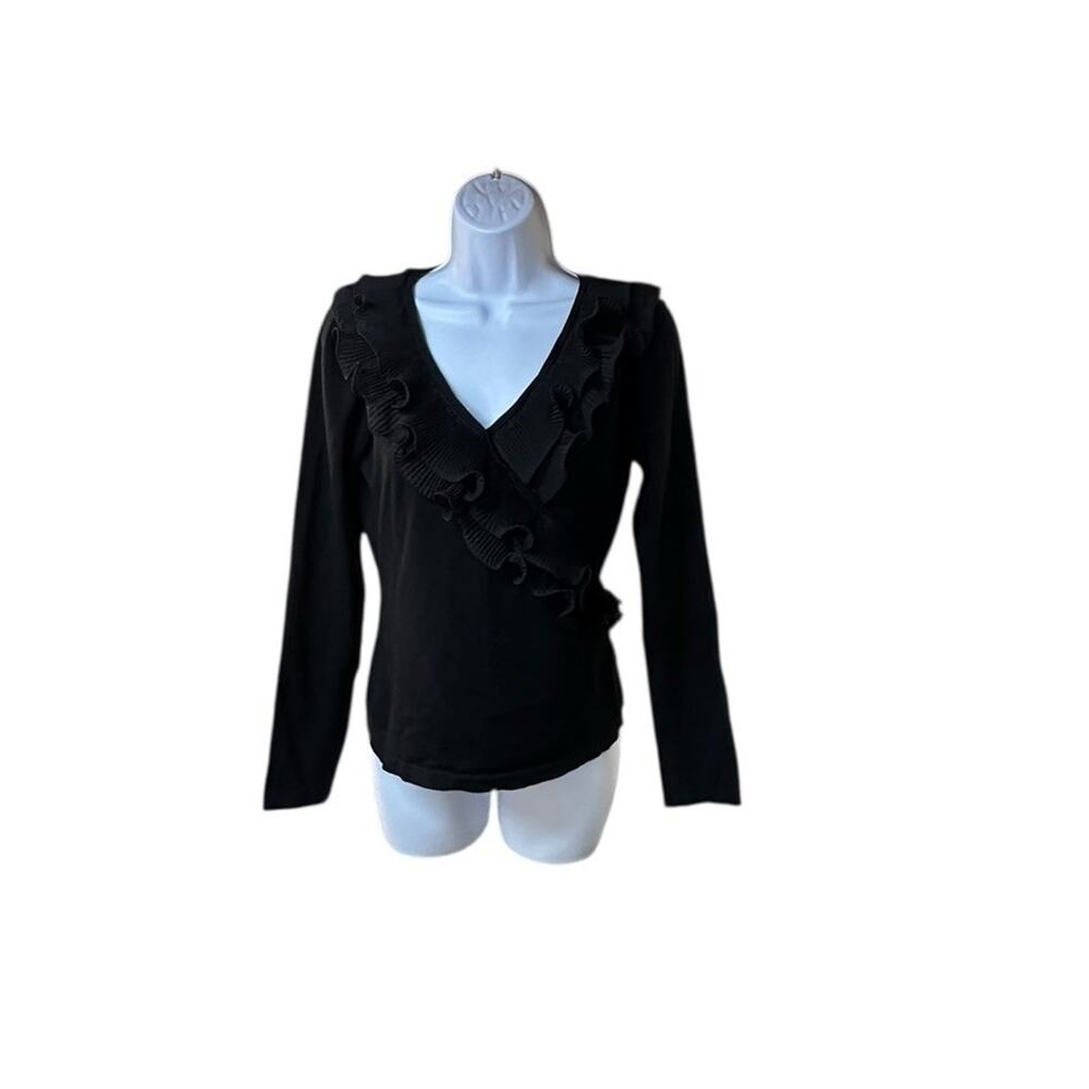 Cache Black Ruffle Faux Wrap Top Long Sleeve Stretch V Neck Y2K Large